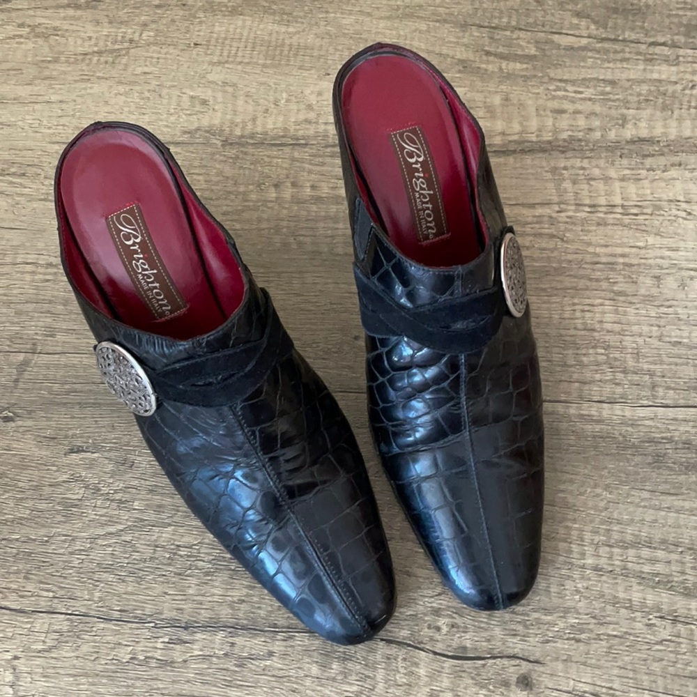Brighton Romeo Black Exotic Print Patent leather Heeled Mule Shoes Women's 7